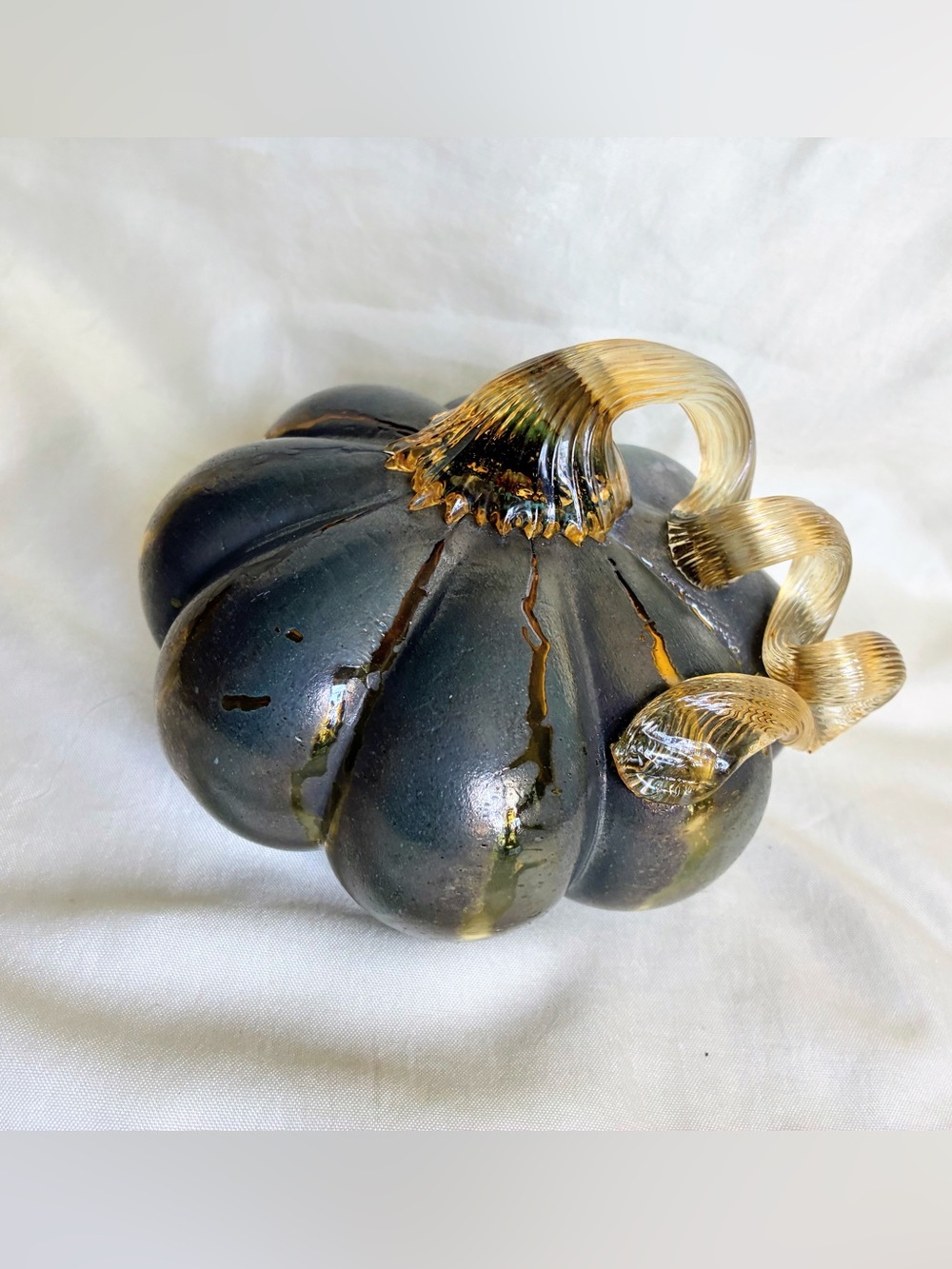 Decorative Gray Glass Pumpkin with Gold Stem - Home Art Accent